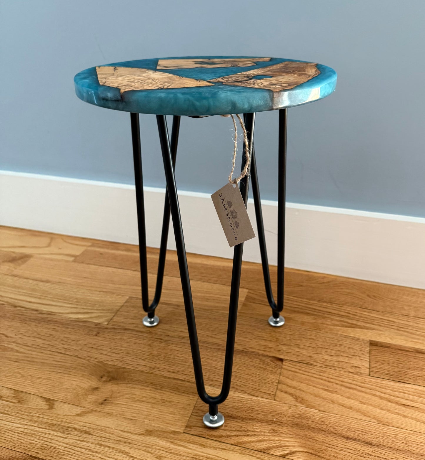 SOLD SAMPLE - Small Round Olive Wood & Venice Blue 12” Side Table - Design Your Own!