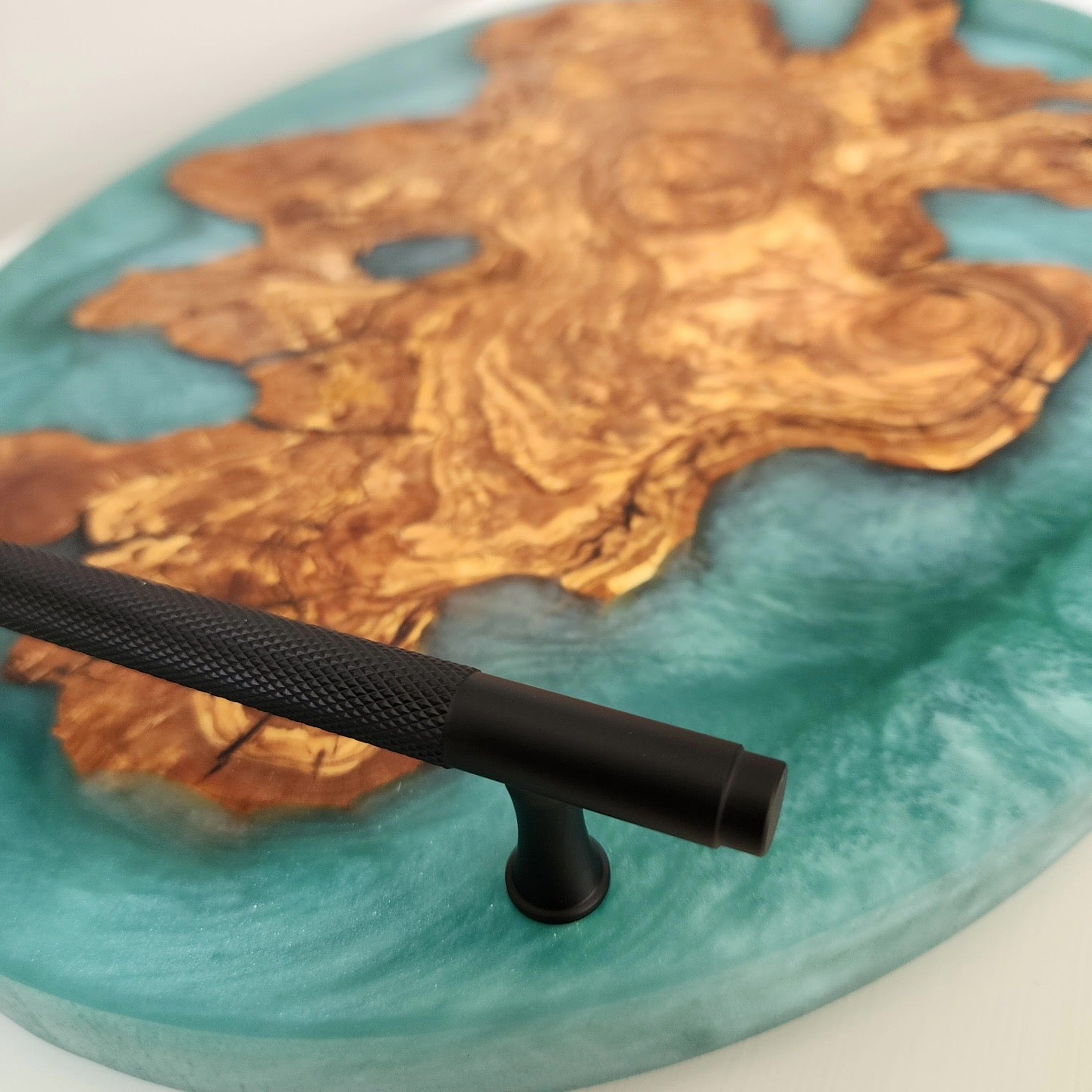 Chunky Live Edge Oval Olive Wood Charcuterie w/ Caribbean Blue Swirl