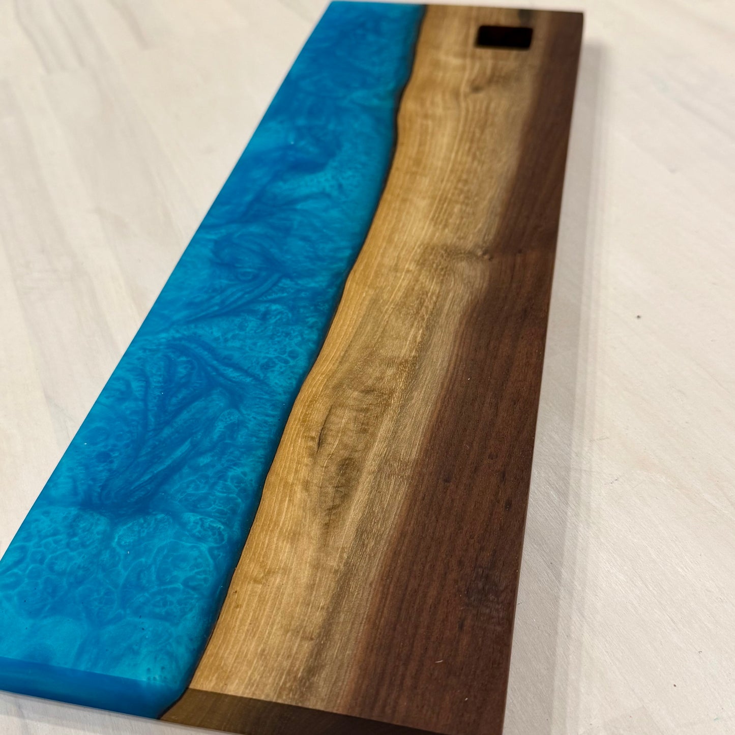 Double Sided Beautiful Rich “Black Walnut” w/ “Blue/Green” Swirled Epoxy Charcuterie Board