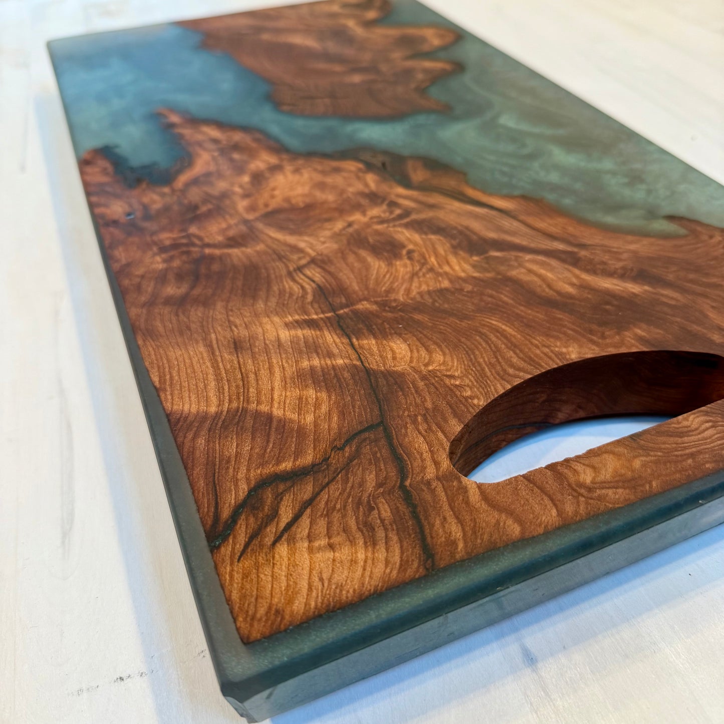 ”Emerald Lux Green ” Swirled Epoxy Deep Redwood w/ Natural Carved Handle
