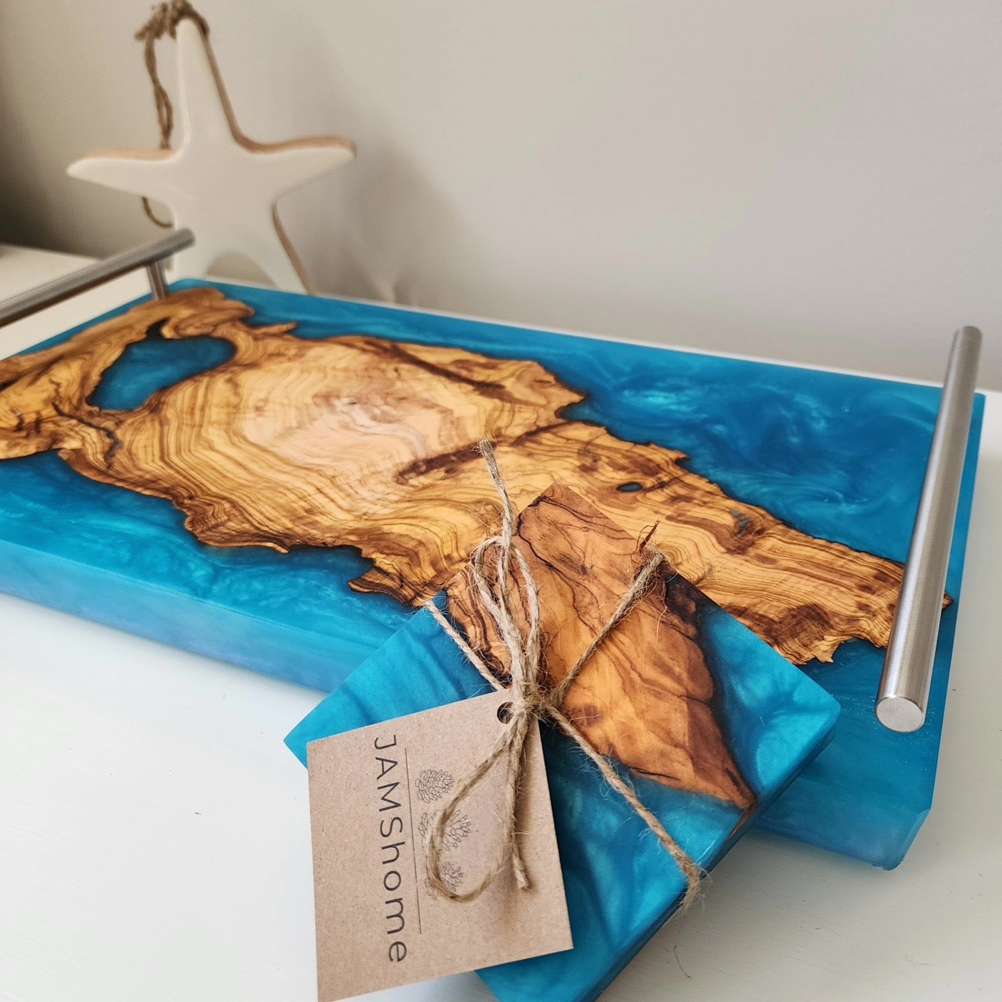 Olive Wood Blue/Green Swirl Charcuterie & Coaster Set