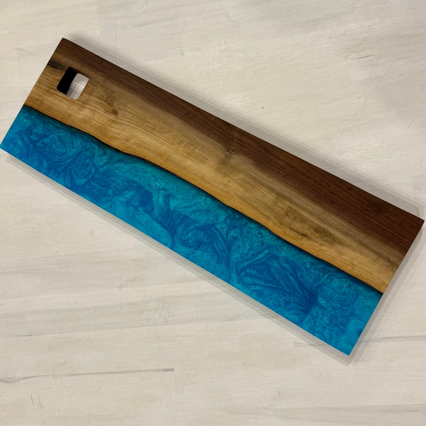 Double Sided Beautiful Rich “Black Walnut” w/ “Blue/Green” Swirled Epoxy Charcuterie Board