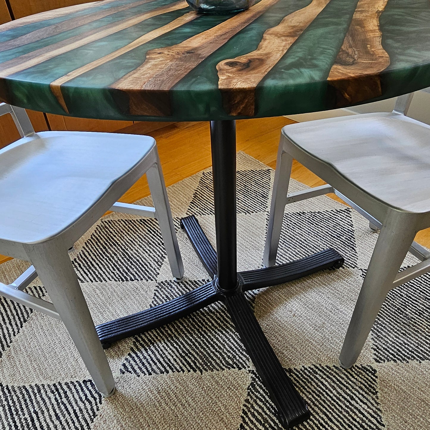 SOLD SAMPLE - 30" Black Walnut Live Edge w/ Enchanted Green Swirl on a Vintage Cast Iron Pedestal Base - Let's Create Your Own!