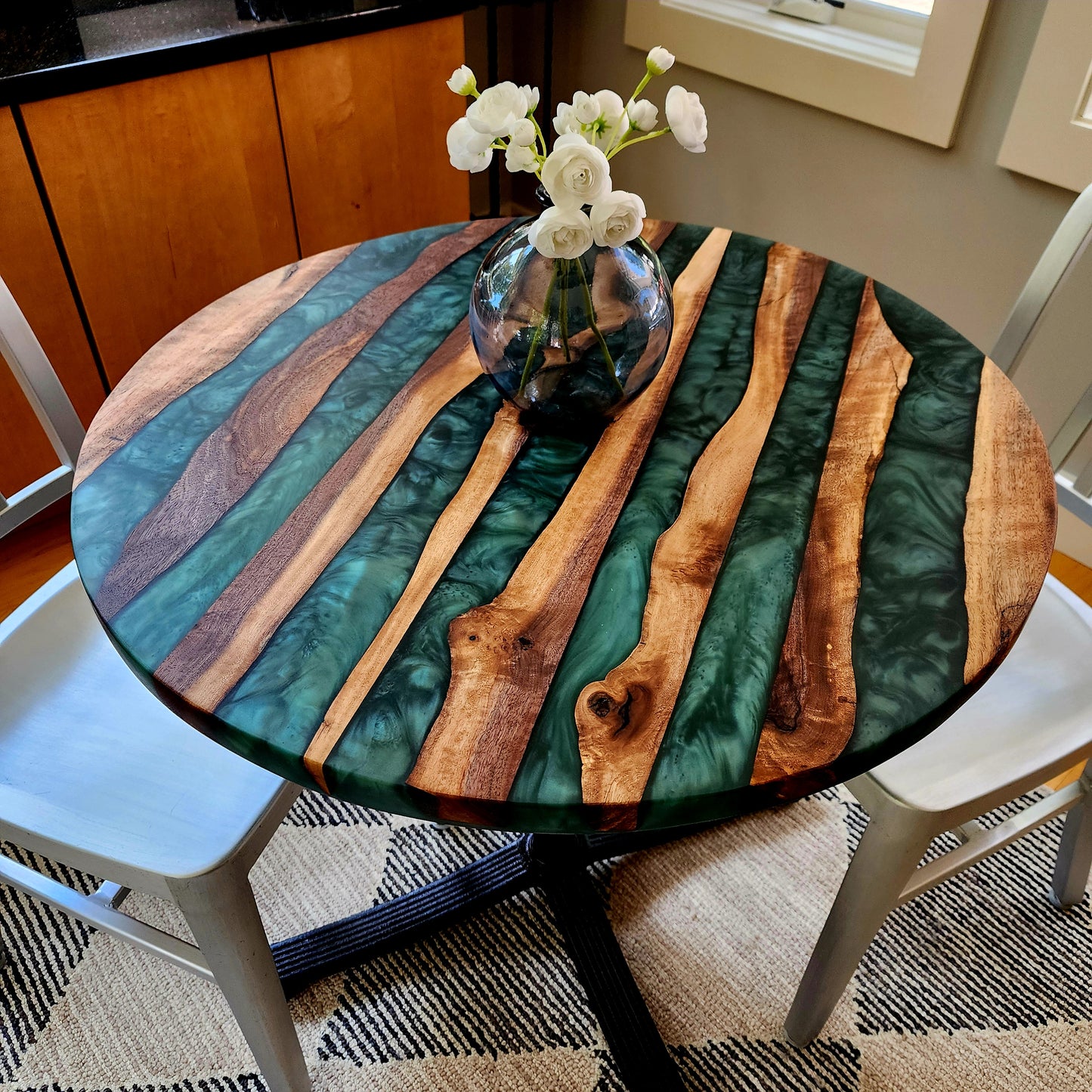SOLD SAMPLE - 30" Black Walnut Live Edge w/ Enchanted Green Swirl on a Vintage Cast Iron Pedestal Base - Let's Create Your Own!