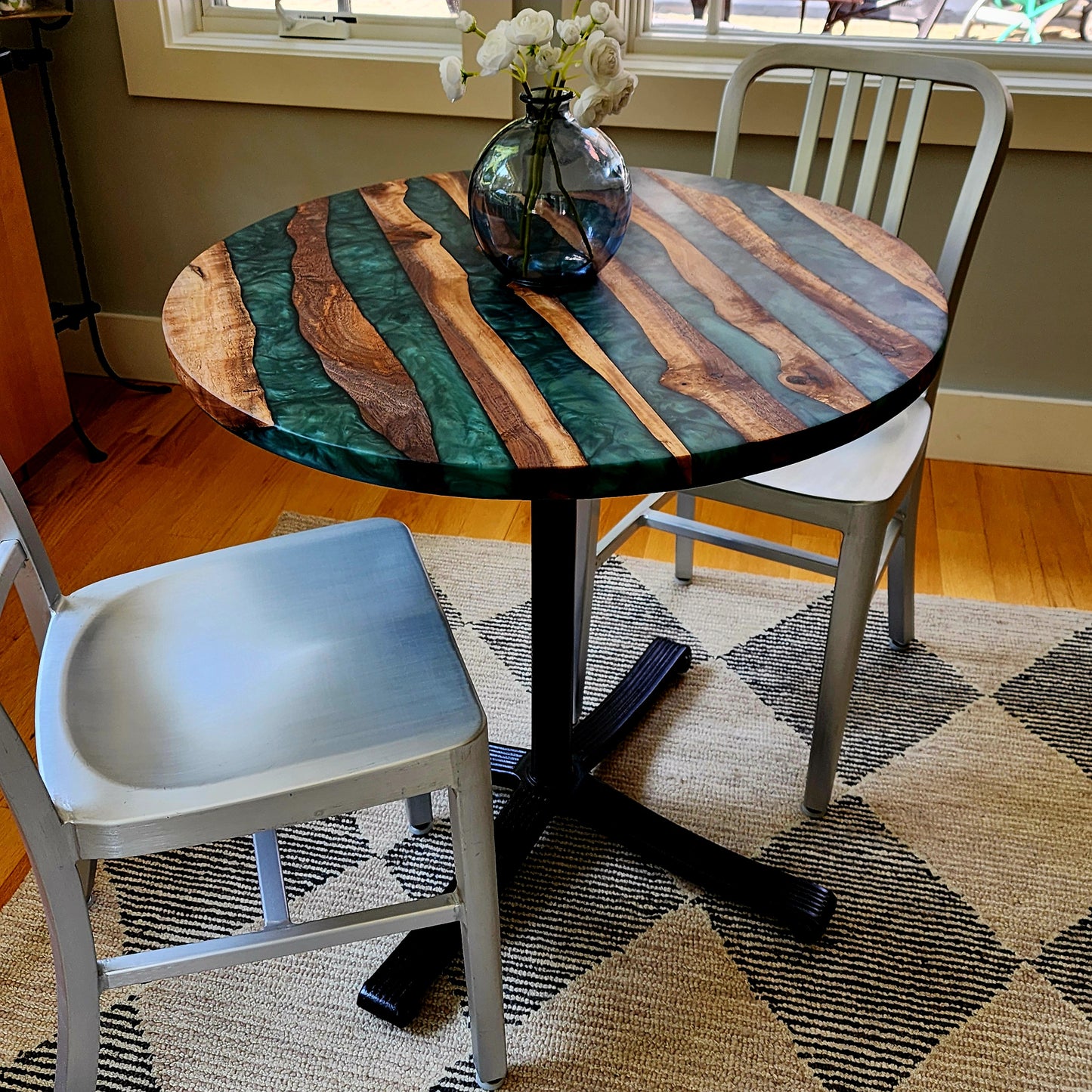 SOLD SAMPLE - 30" Black Walnut Live Edge w/ Enchanted Green Swirl on a Vintage Cast Iron Pedestal Base - Let's Create Your Own!