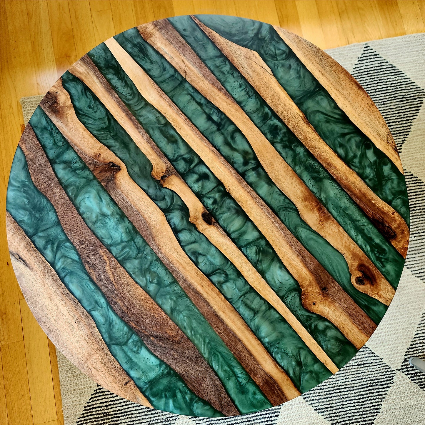 SOLD SAMPLE - 30" Black Walnut Live Edge w/ Enchanted Green Swirl on a Vintage Cast Iron Pedestal Base - Let's Create Your Own!