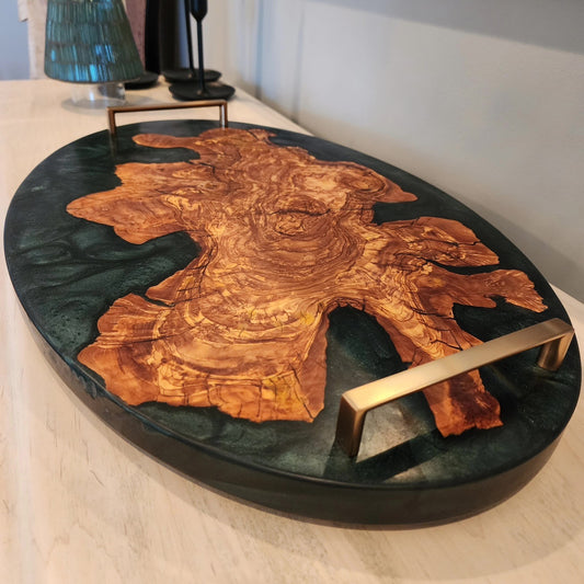 Chunky Live Edge Oval Olive Wood Charcuterie w/ Deep Green Swirl