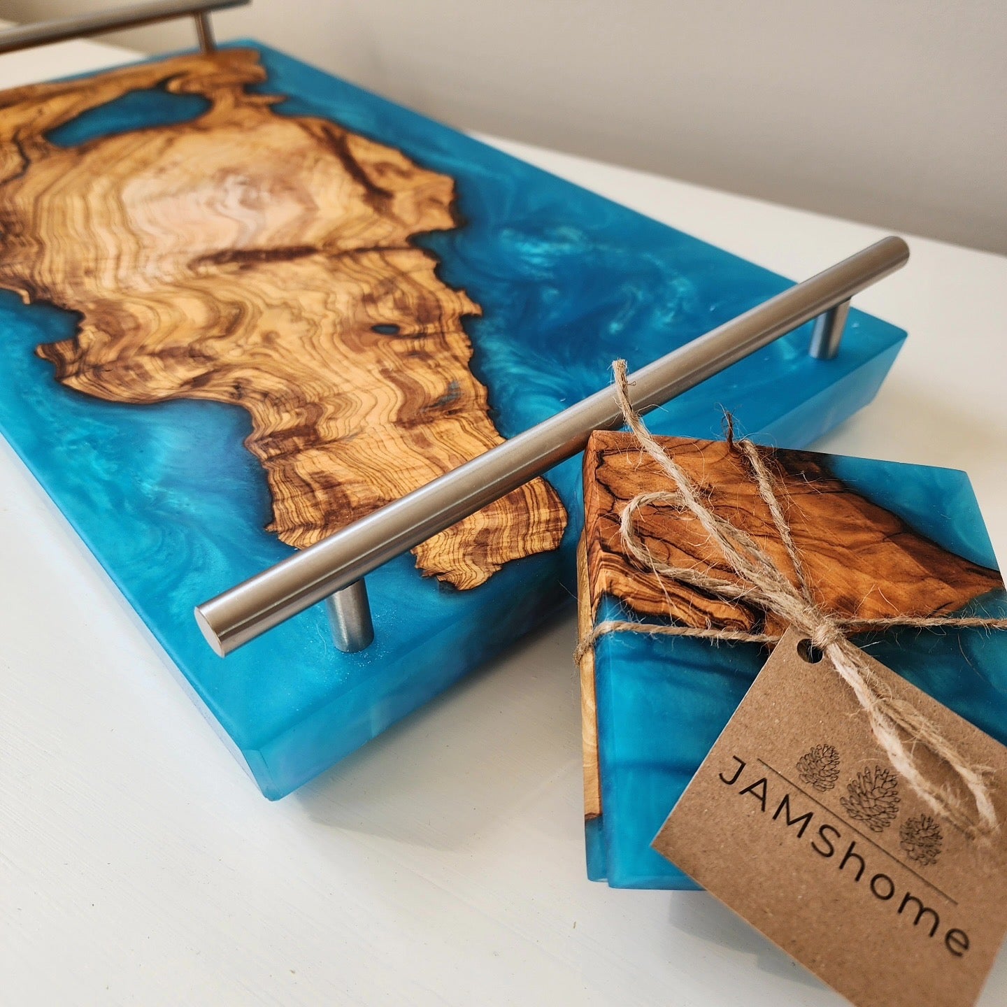 Olive Wood Blue/Green Swirl Charcuterie & Coaster Set