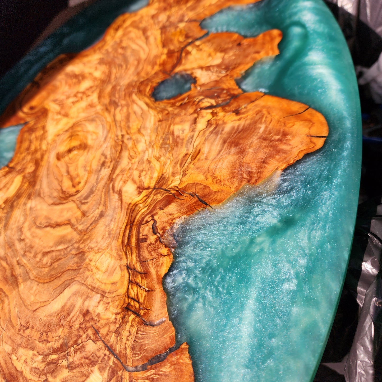 Chunky Live Edge Oval Olive Wood Charcuterie w/ Caribbean Blue Swirl