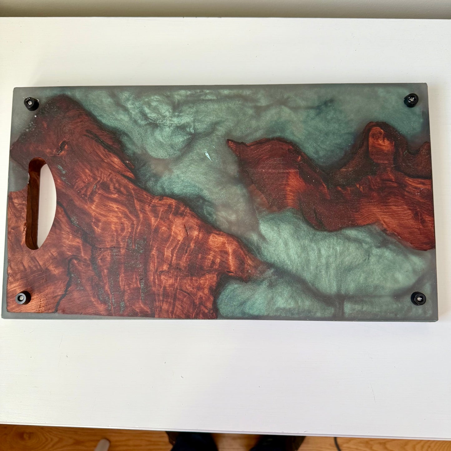 ”Emerald Lux Green ” Swirled Epoxy Deep Redwood w/ Natural Carved Handle