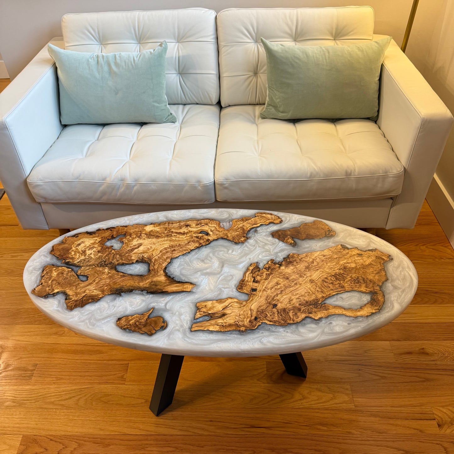 Sold Sample - Handmade Olive Wood Live Edge Oval (Surfboard) Coffee Table w/ Pure White Pearl Swirls.