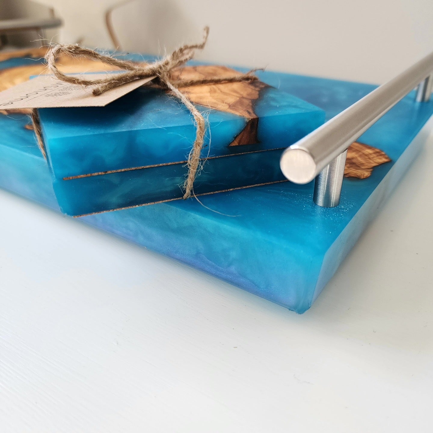 Olive Wood Blue/Green Swirl Charcuterie & Coaster Set