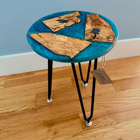 Sold Sample - Small Round Olive Wood & Venice Blue 12” Side Table - Design Your Own!