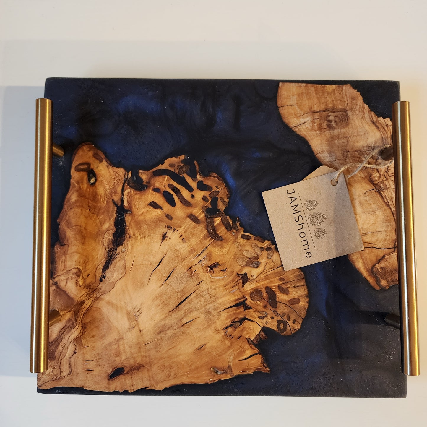 Olive Wood Live Edge Layered Deep Sea Blue Swirl, Chunky Charcuterie Board.