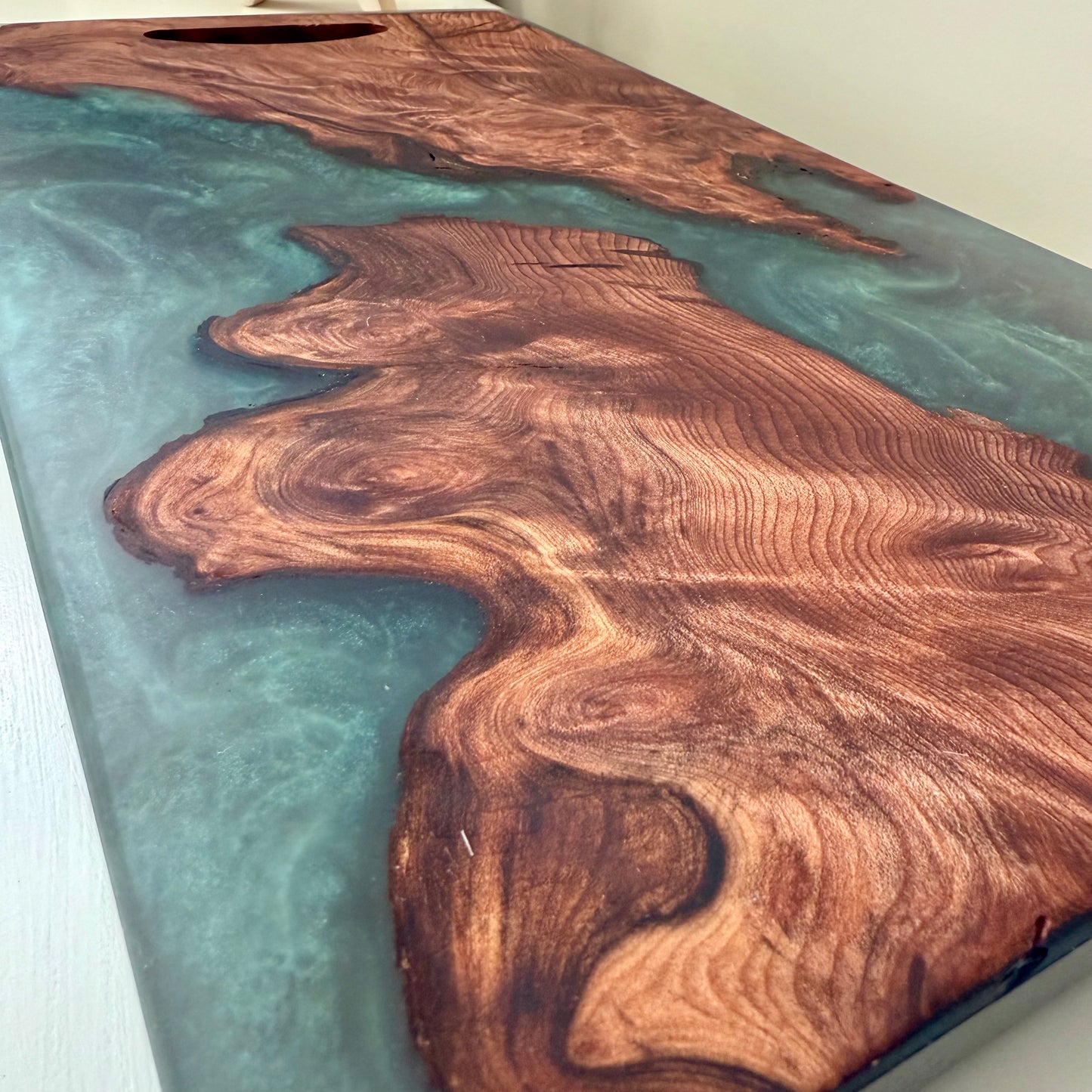 ”Emerald Lux Green ” Swirled Epoxy Deep Redwood w/ Natural Carved Handle