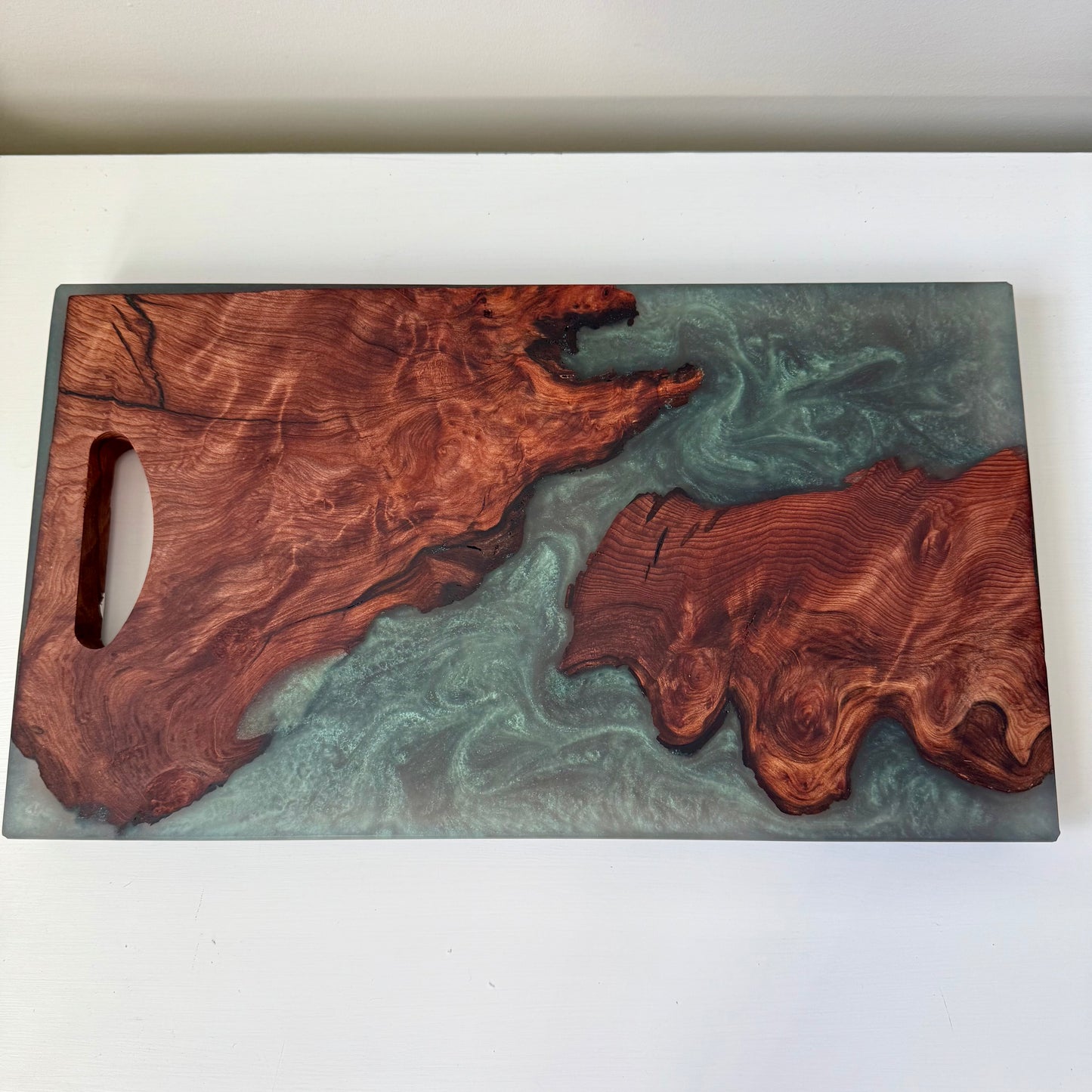”Emerald Lux Green ” Swirled Epoxy Deep Redwood w/ Natural Carved Handle