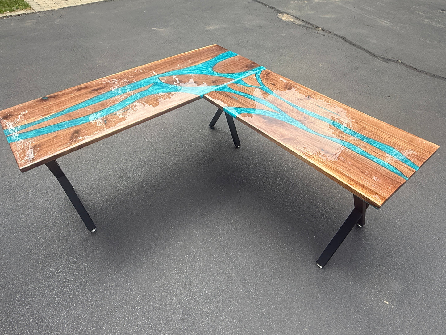 Sold Sample - Black Walnut & Blue “L” Shaped Executive Desk