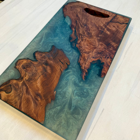 ”Emerald Lux Green ” Swirled Epoxy Deep Redwood w/ Natural Carved Handle