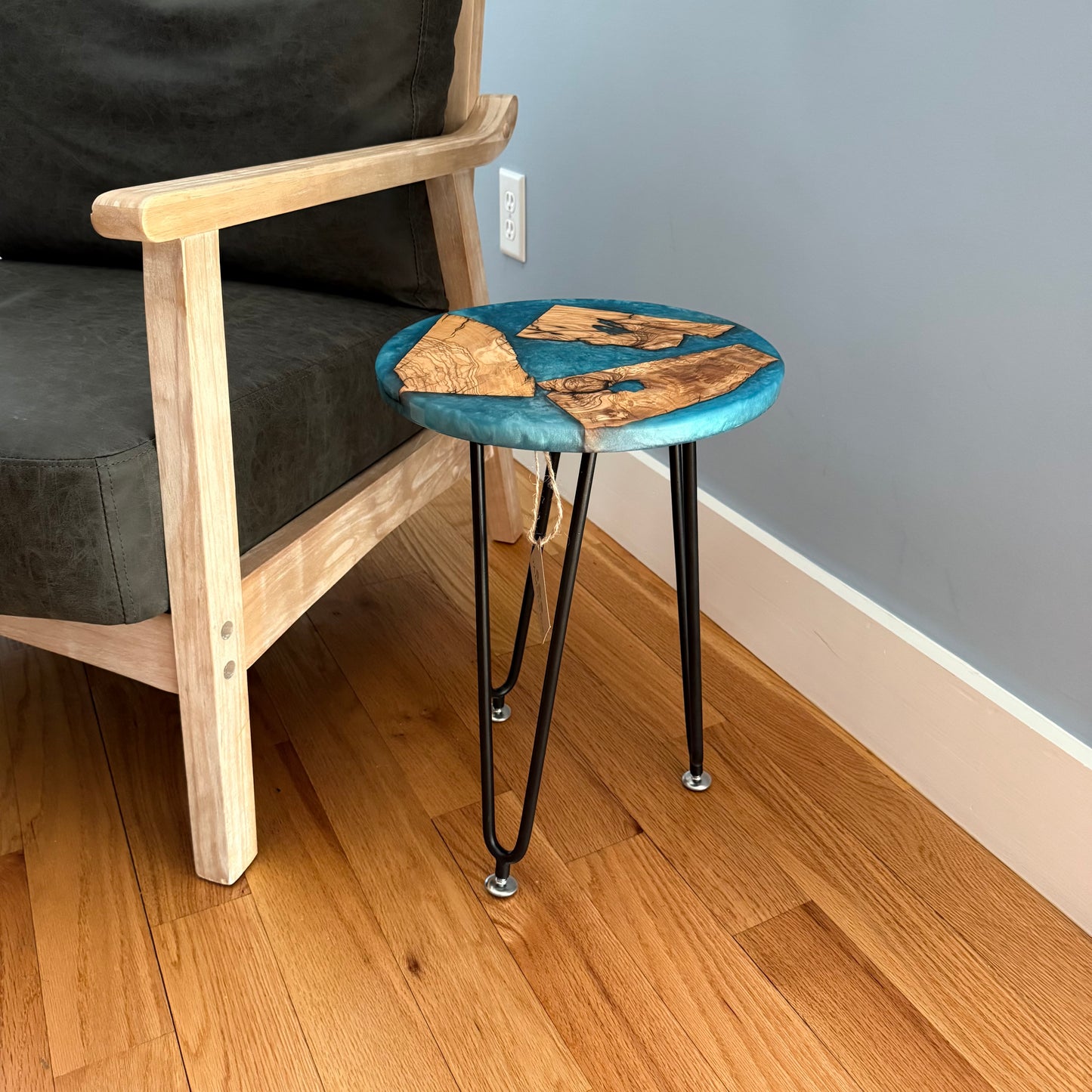 SOLD SAMPLE - Small Round Olive Wood & Venice Blue 12” Side Table - Design Your Own!