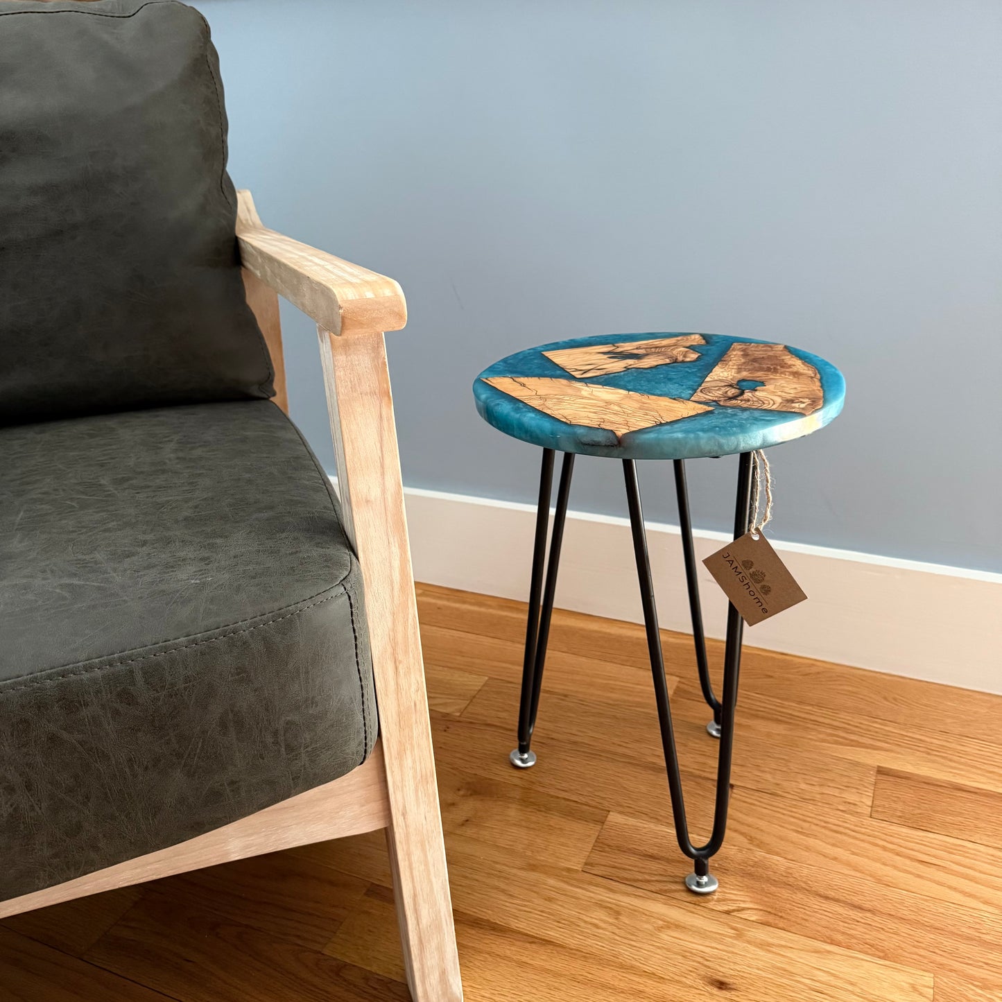 SOLD SAMPLE - Small Round Olive Wood & Venice Blue 12” Side Table - Design Your Own!