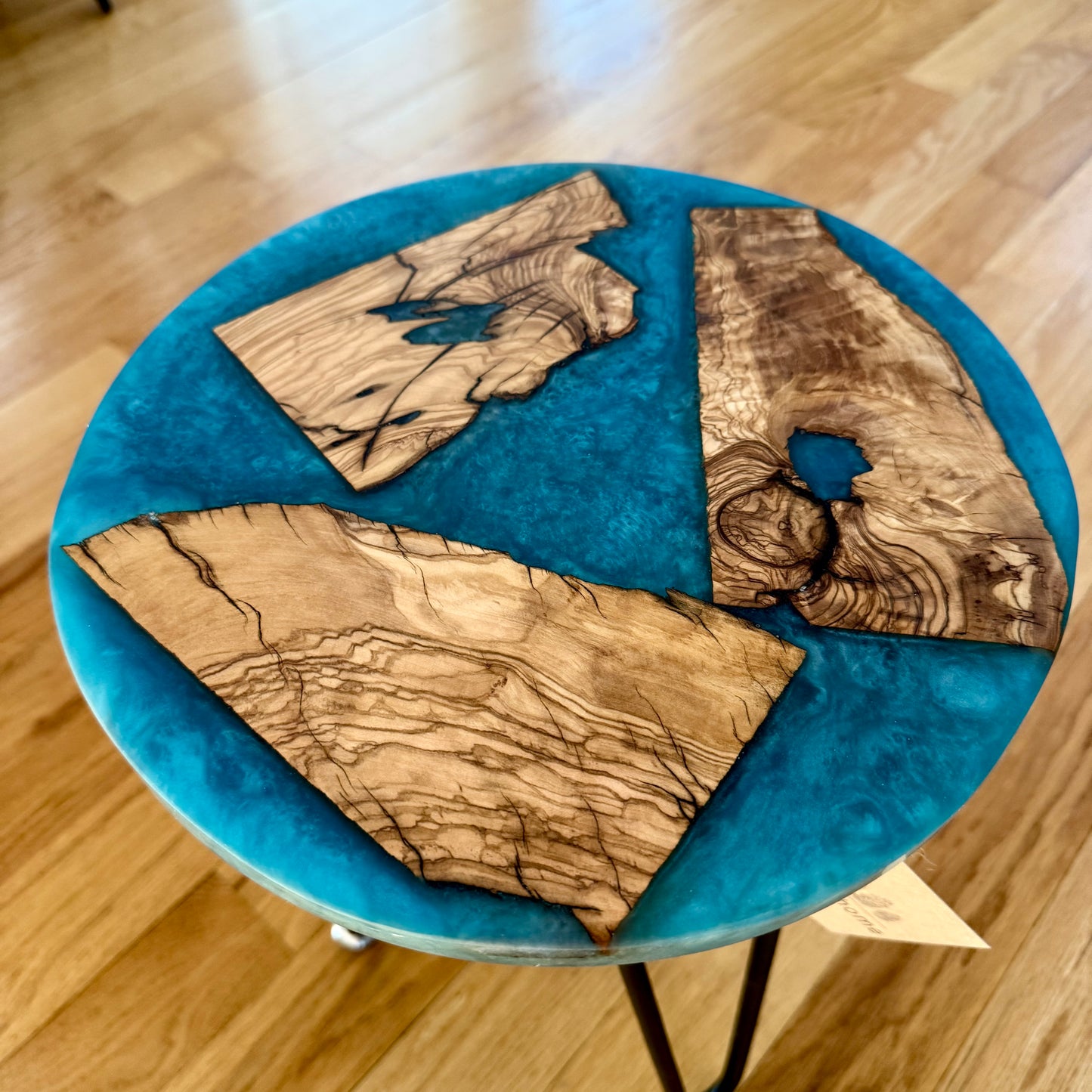 SOLD SAMPLE - Small Round Olive Wood & Venice Blue 12” Side Table - Design Your Own!
