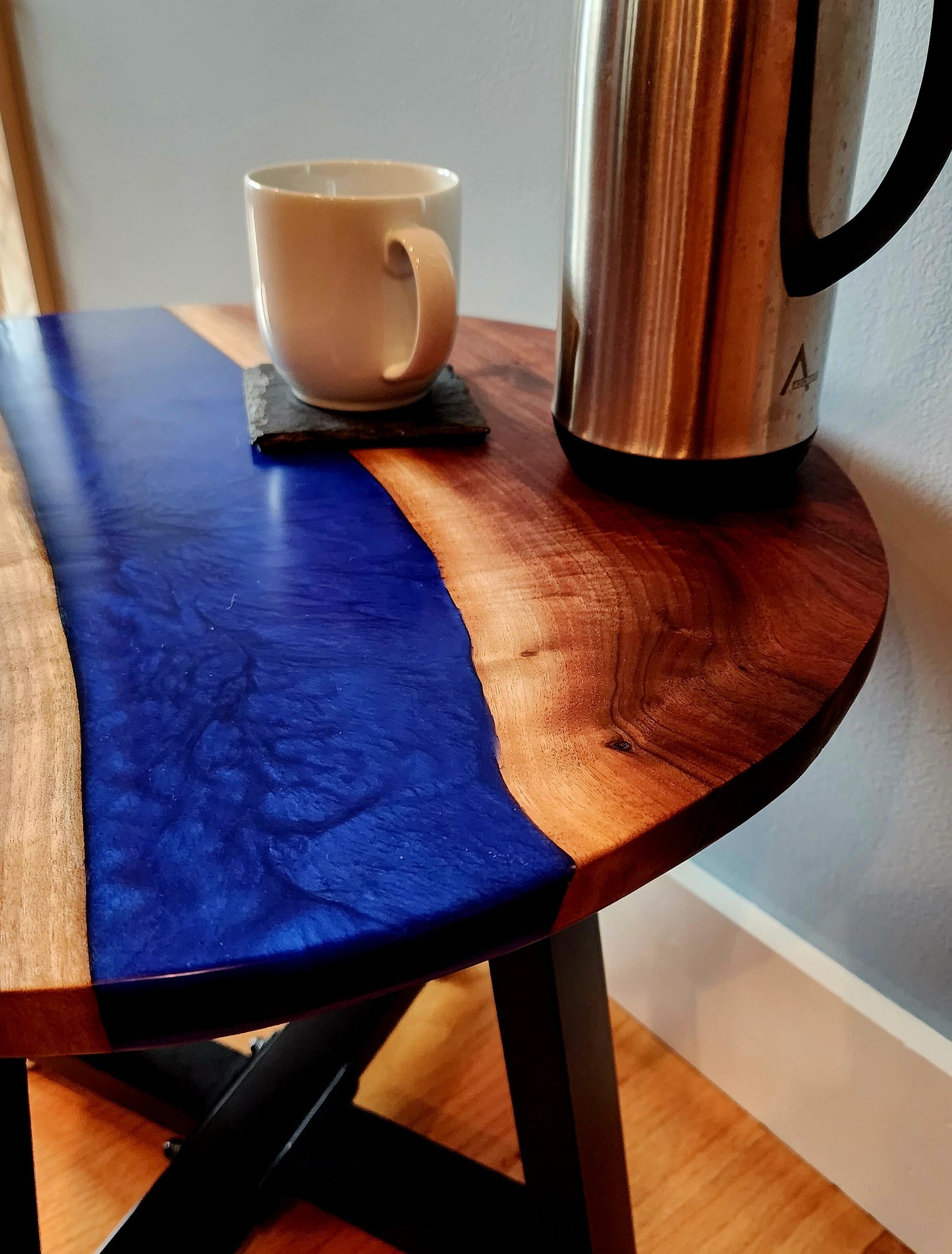 Sold Sample - Handmade Side Table! Black Walnut Live Edge w/ Blue Swirl Epoxy