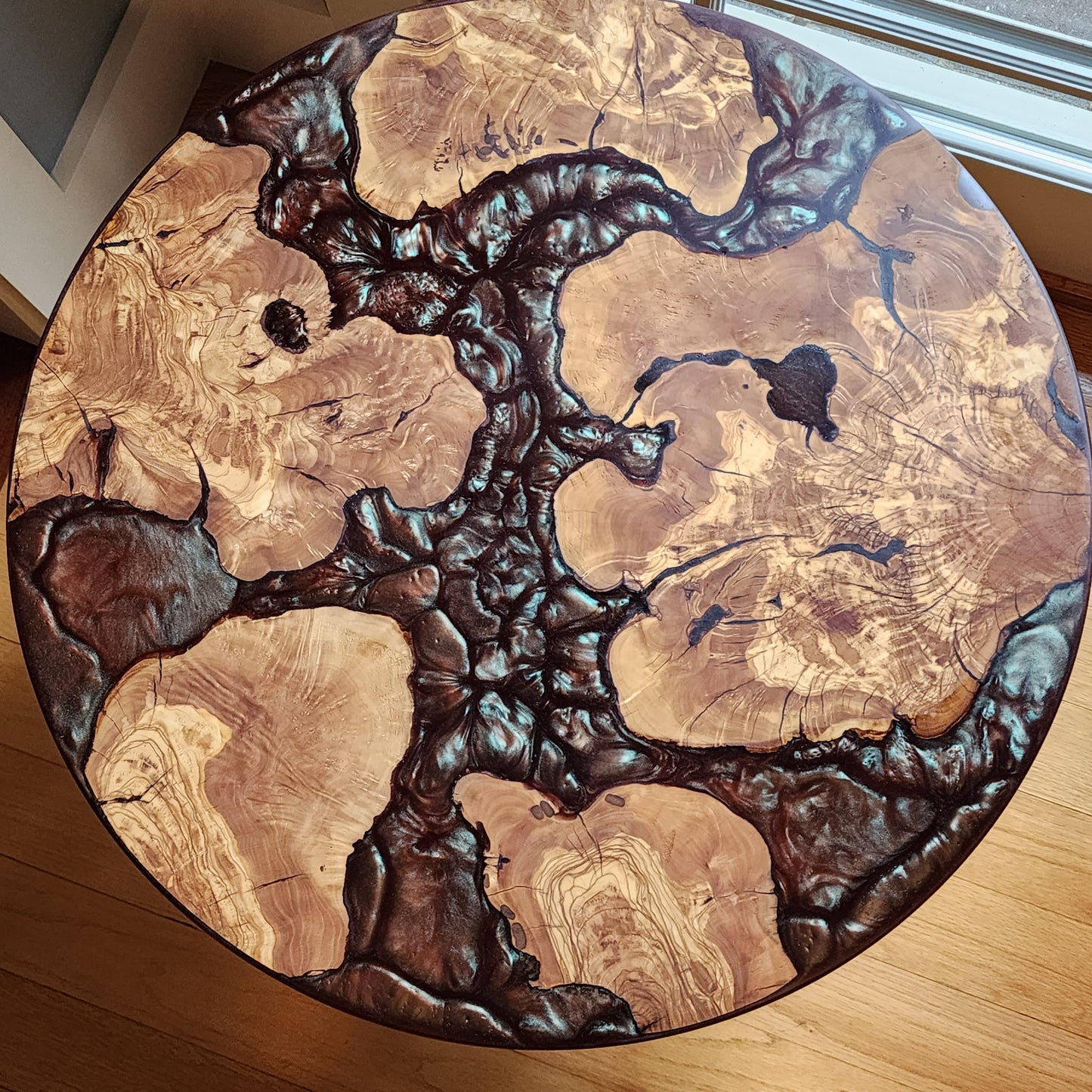 Sold Sample 24” Olive Wood Live Edge w/ Eggplant Epoxy Swirl - Side / Coffee Table