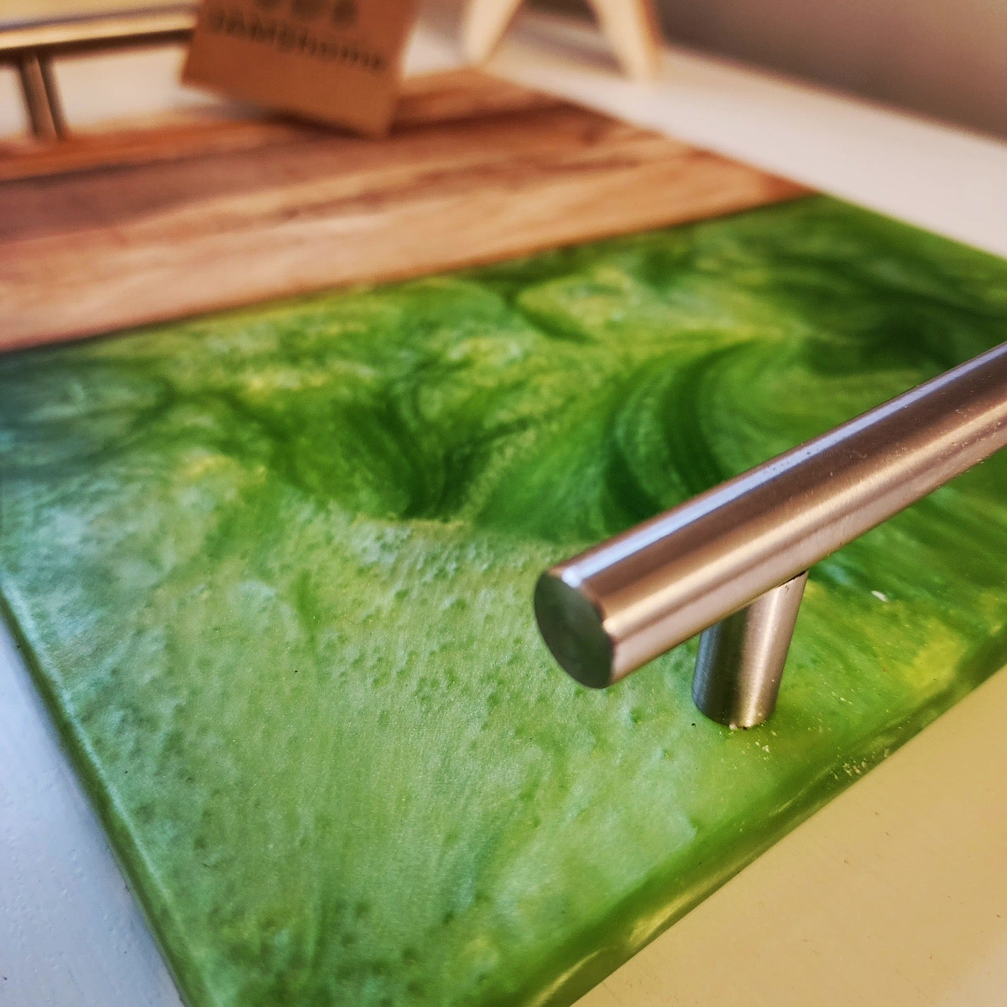 Natural Ambrosia Maple Rustic Live Edge w/ Lux Apple Green Swirl & Nickel Handles Charcuterie Board