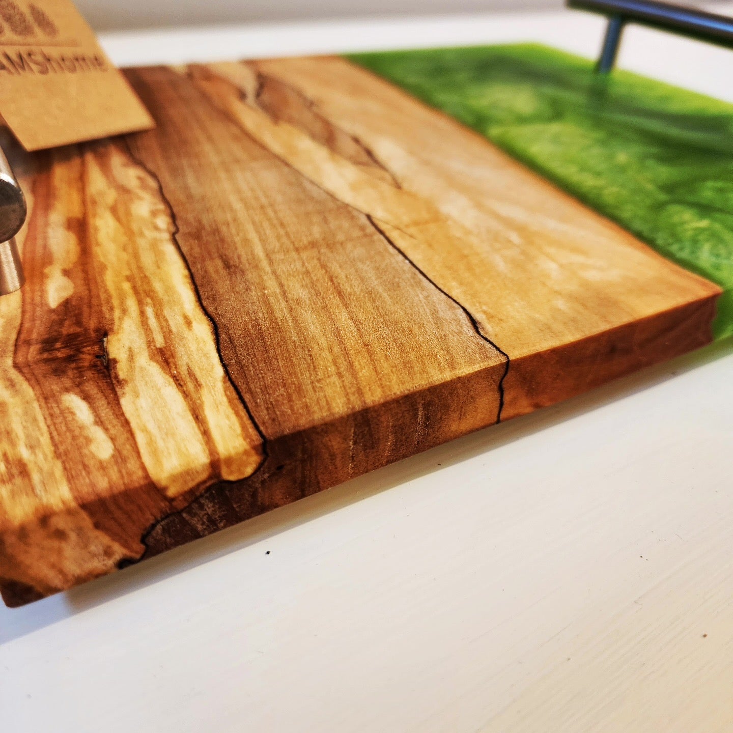 Natural Ambrosia Maple Rustic Live Edge w/ Lux Apple Green Swirl & Nickel Handles Charcuterie Board