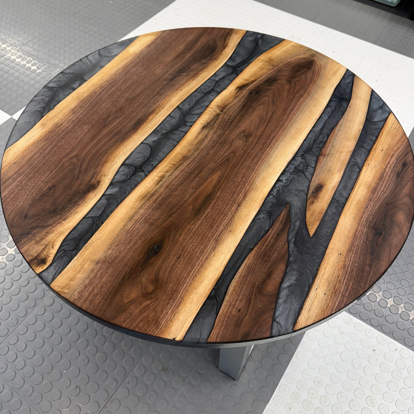 Handmade Black Walnut & Graphite Gray Swirl River Coffee Table Chrome Brushed Legs