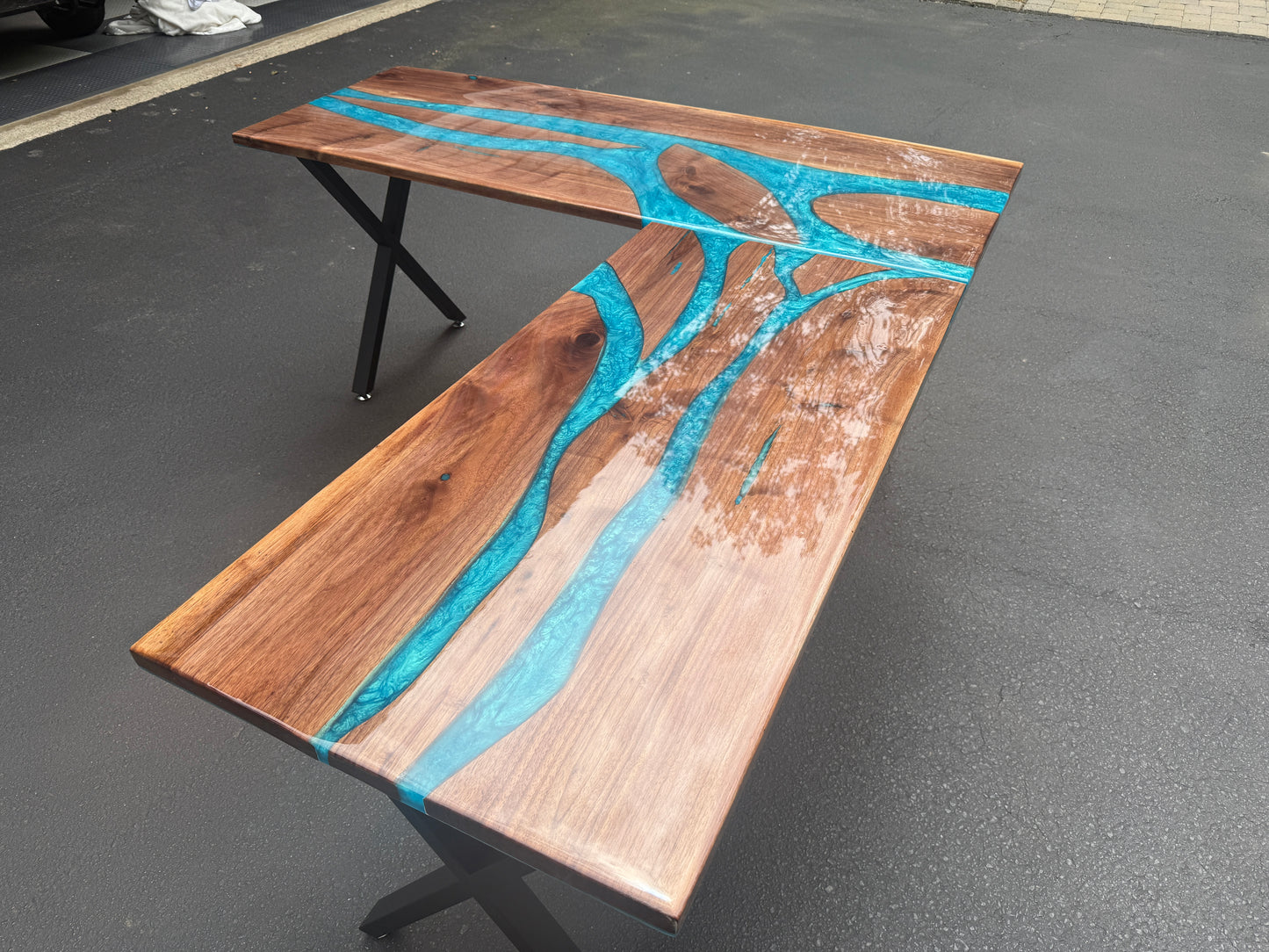 Sold Sample - Black Walnut & Blue “L” Shaped Executive Desk
