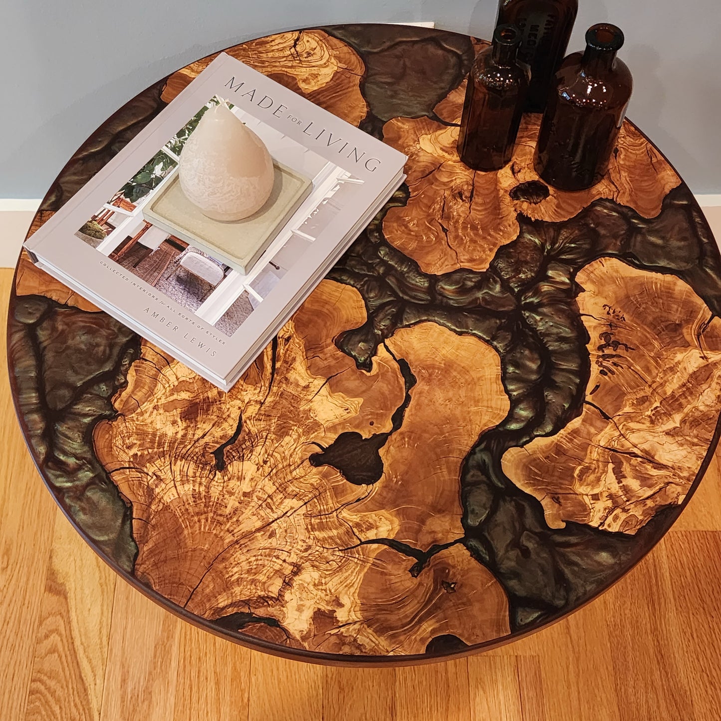 Sold Sample 24” Olive Wood Live Edge w/ Eggplant Epoxy Swirl - Side / Coffee Table