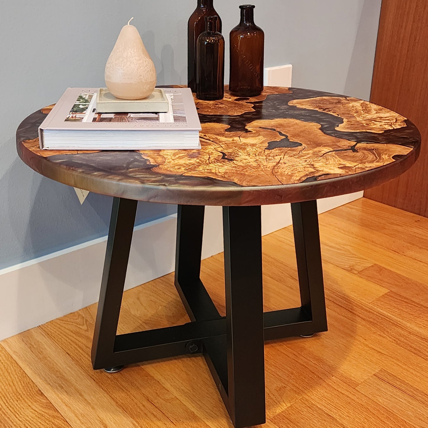 Sold Sample 24” Olive Wood Live Edge w/ Eggplant Epoxy Swirl - Side / Coffee Table