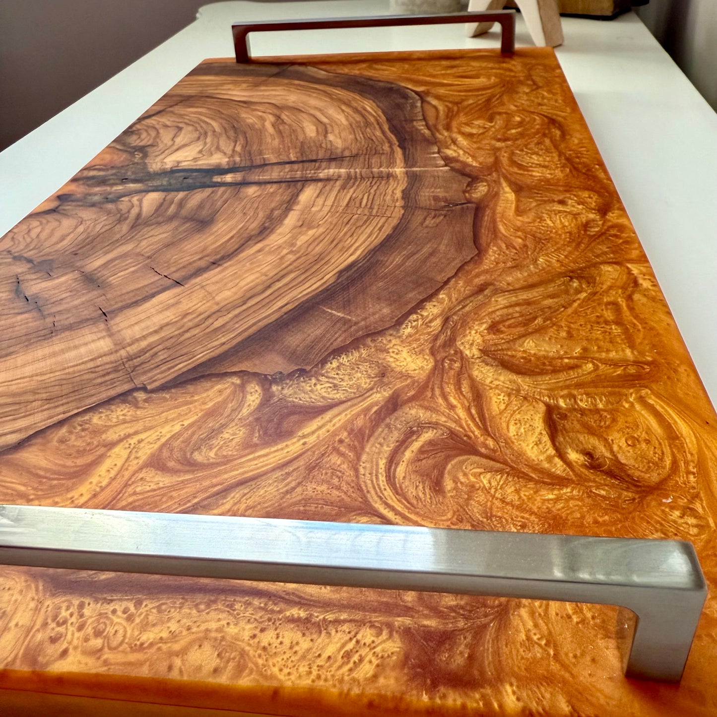 Aztec Gold Olive Wood Charcuterie w/ Polished Nickel Handles