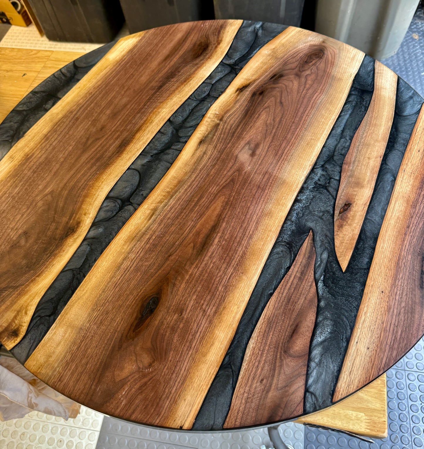 Handmade Black Walnut & Graphite Gray Swirl River Coffee Table Chrome Brushed Legs