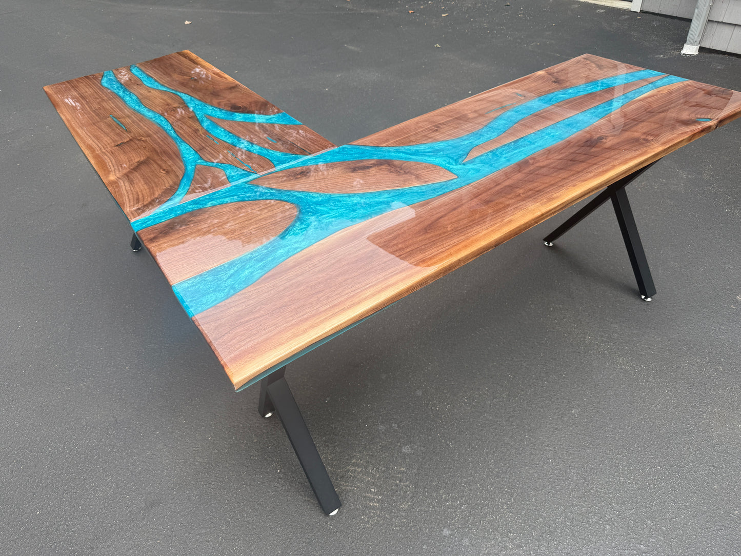 Sold Sample - Black Walnut & Blue “L” Shaped Executive Desk