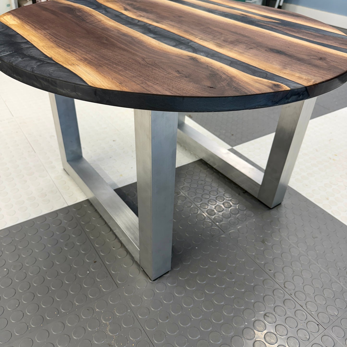 Handmade Black Walnut & Graphite Gray Swirl River Coffee Table Chrome Brushed Legs
