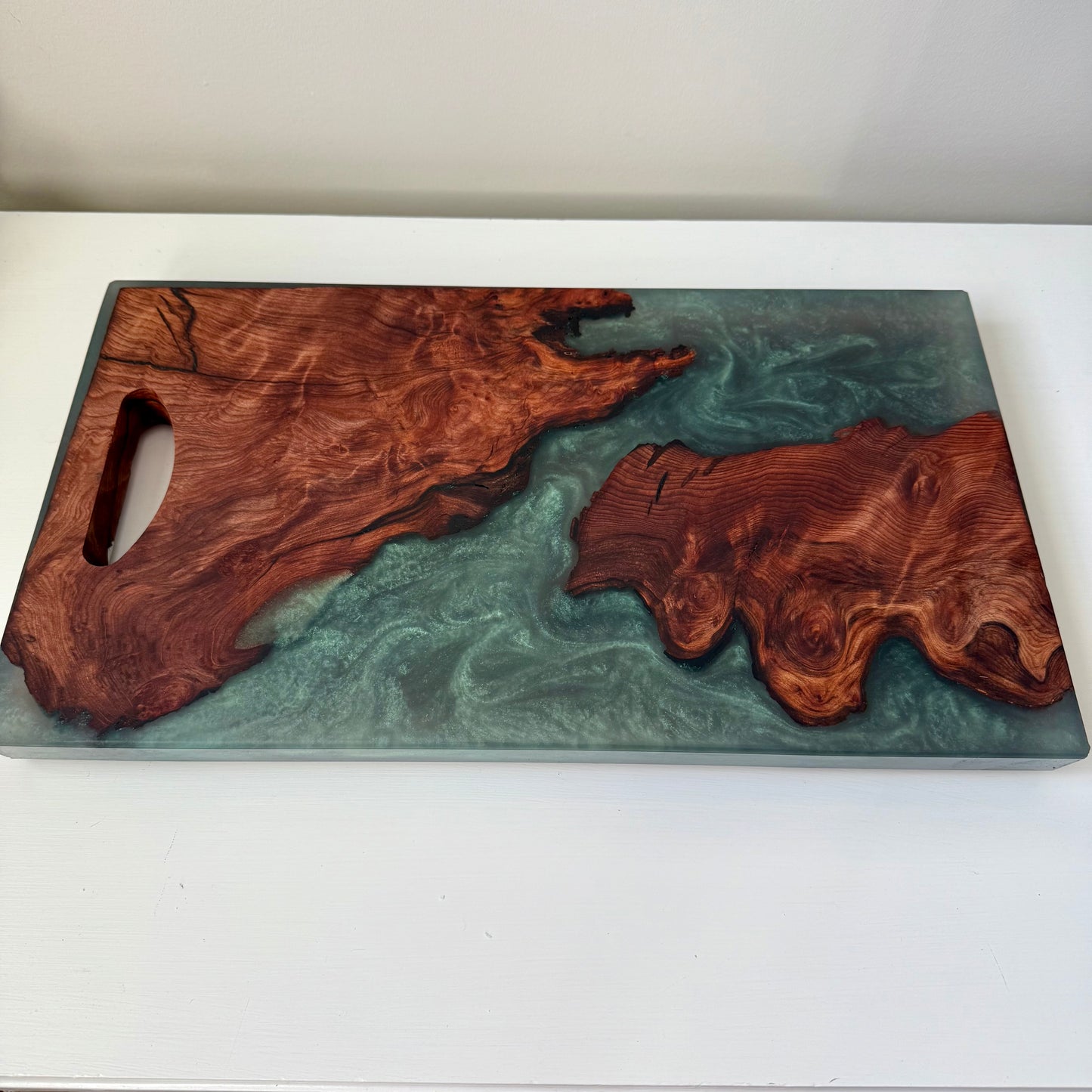 ”Emerald Lux Green ” Swirled Epoxy Deep Redwood w/ Natural Carved Handle