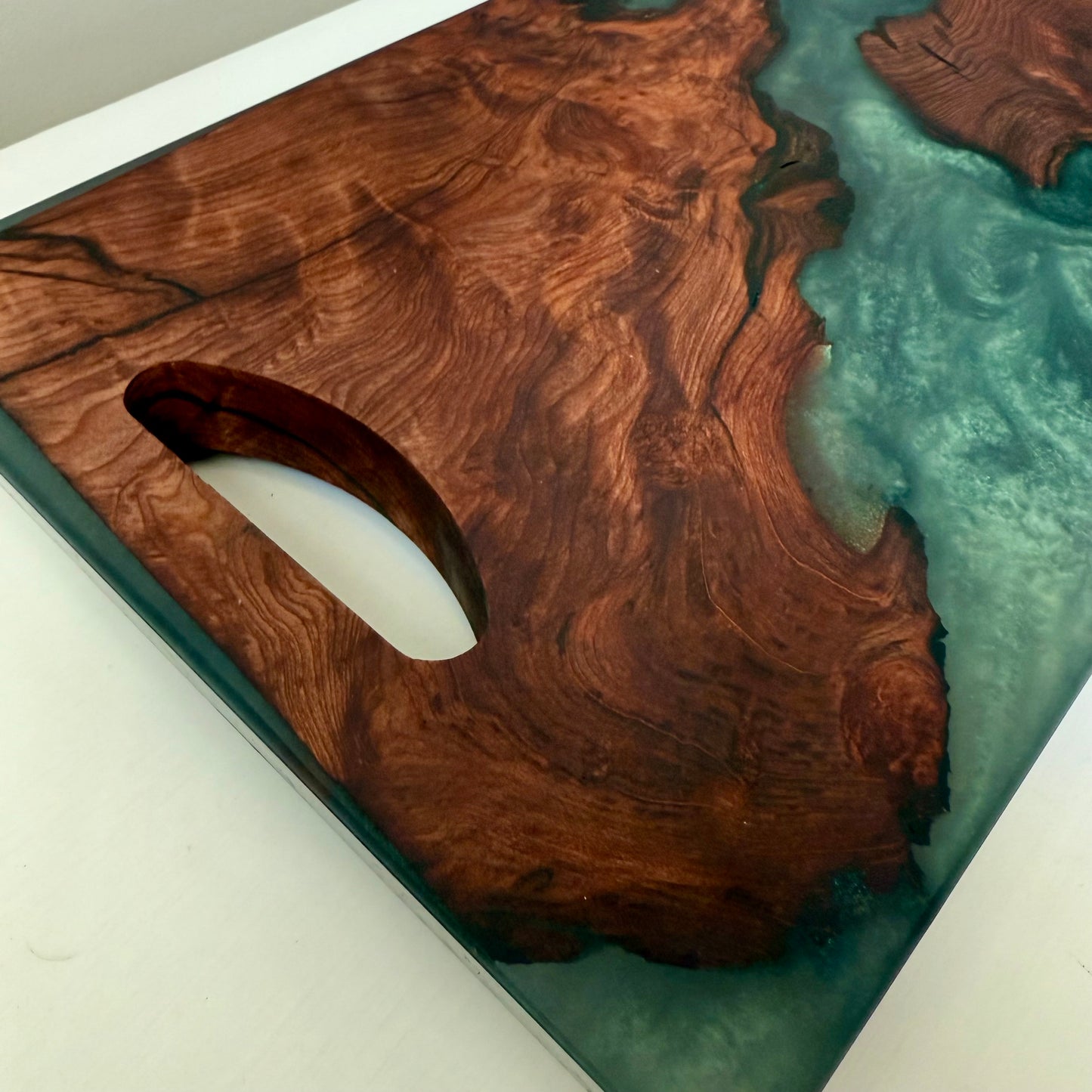 ”Emerald Lux Green ” Swirled Epoxy Deep Redwood w/ Natural Carved Handle