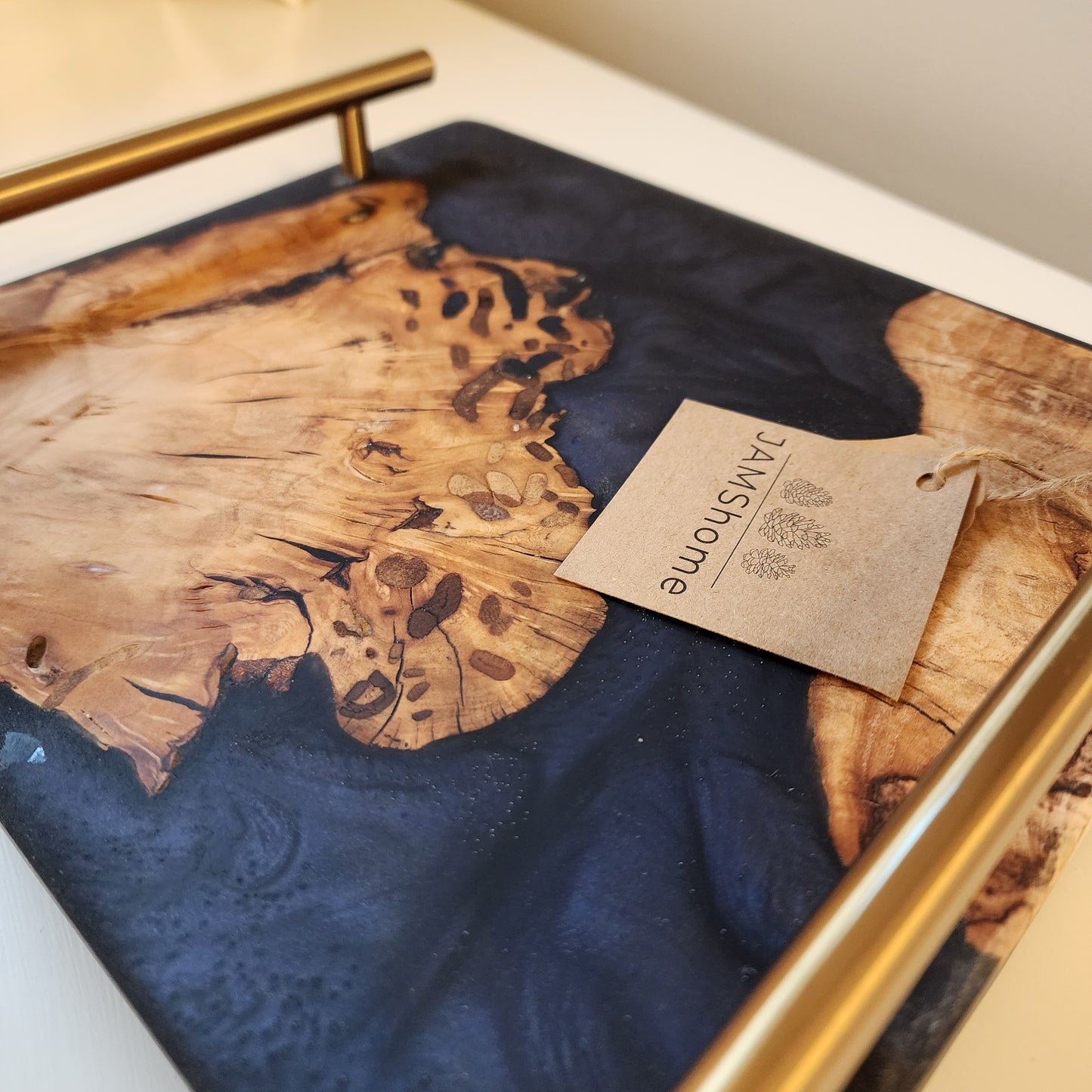 Olive Wood Live Edge Layered Deep Sea Blue Swirl, Chunky Charcuterie Board.
