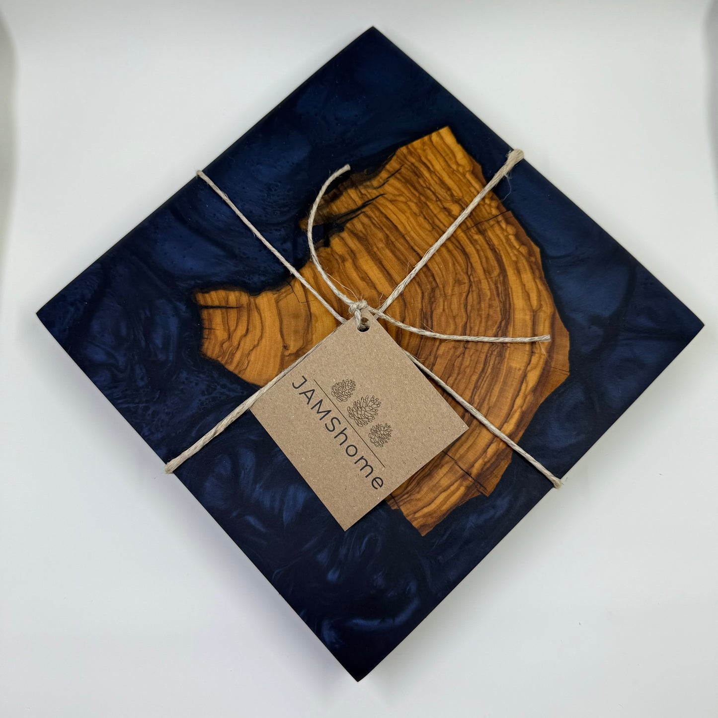 Olive Wood Live Edge Layered Deep Sea Blue Swirl, Charcuterie Board. 8”x8”
