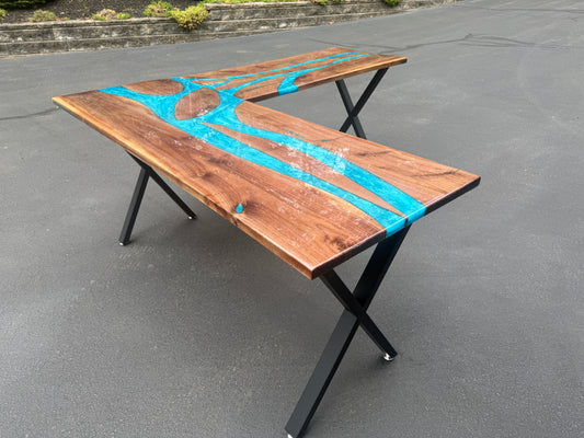 Sold Sample - Black Walnut & Blue “L” Shaped Executive Desk