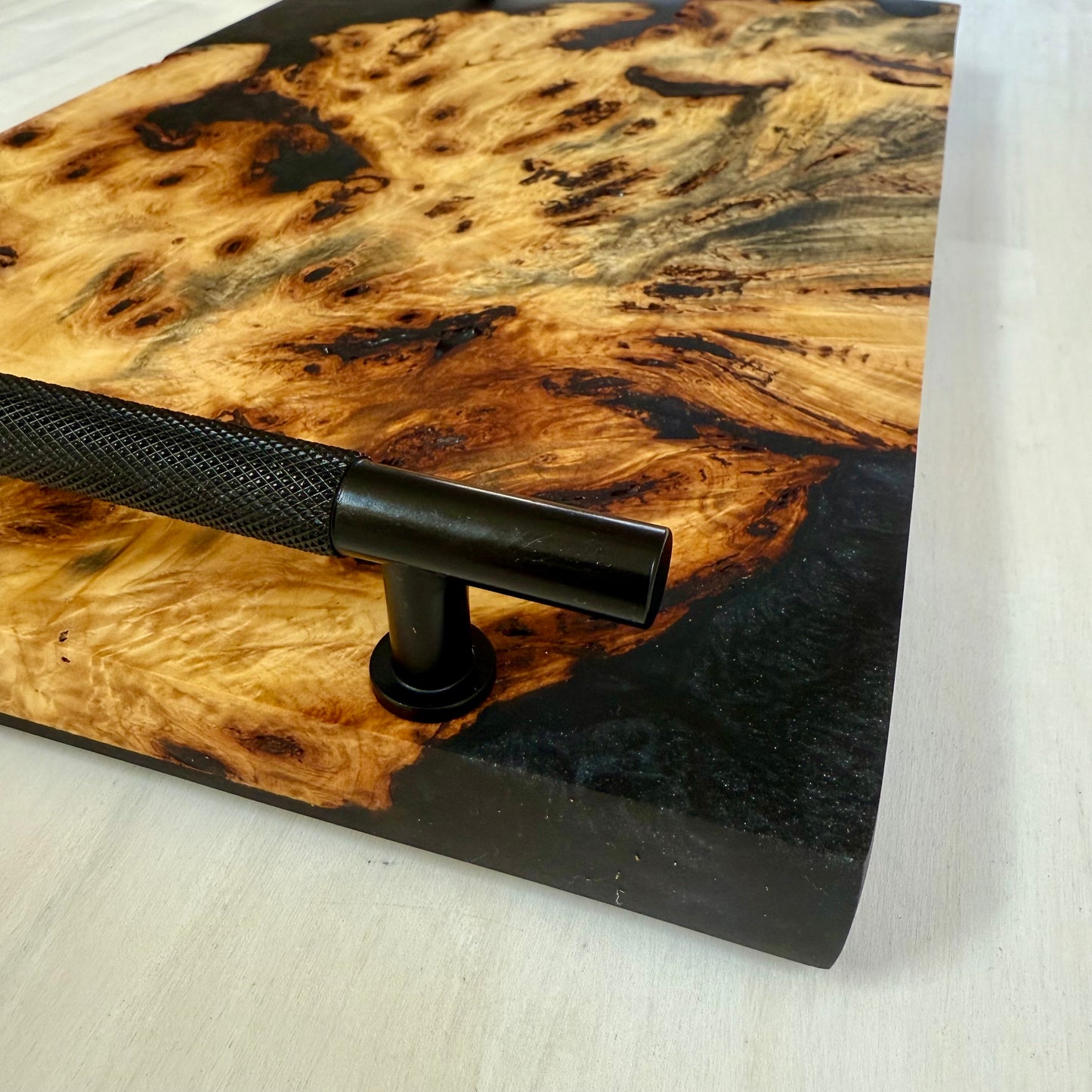 Exotic Buckeye Burl Live Edge Charcuterie/Server Wrapped w/ Black Diamond Swirl. Black Matte Knurled Handles