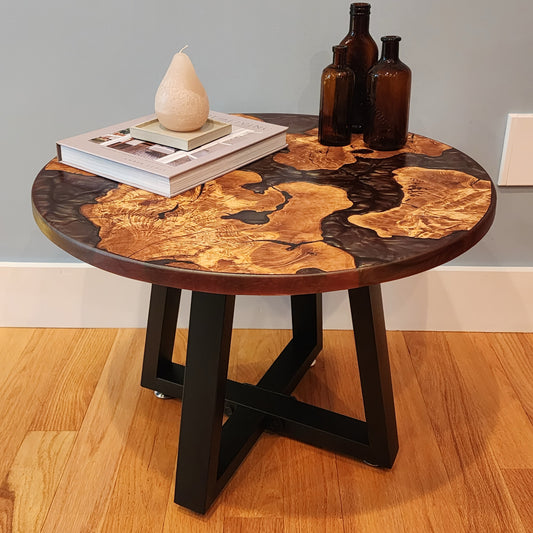 Sold Sample 24” Olive Wood Live Edge w/ Eggplant Epoxy Swirl - Side / Coffee Table