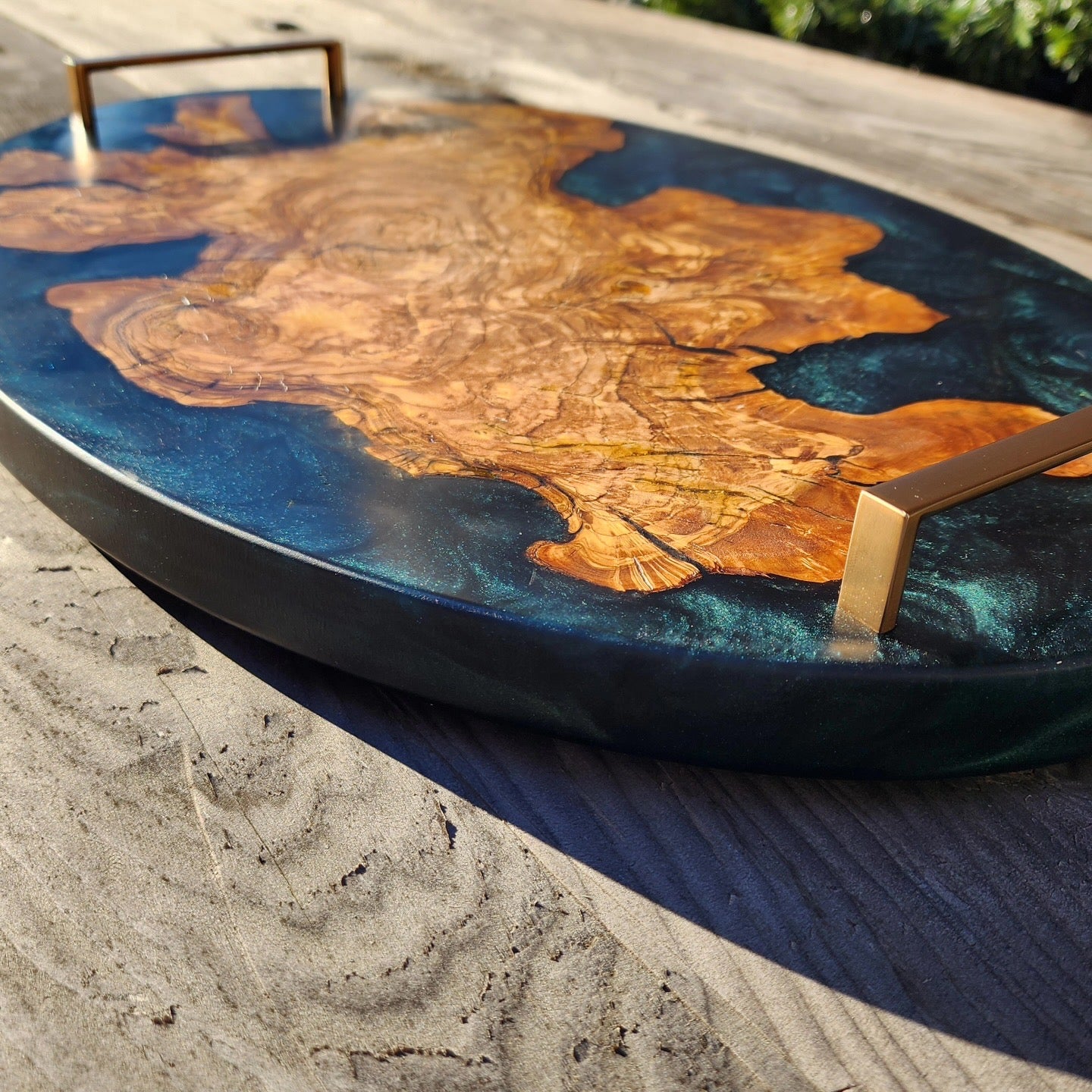 Chunky Live Edge Oval Olive Wood Charcuterie w/ Deep Green Swirl