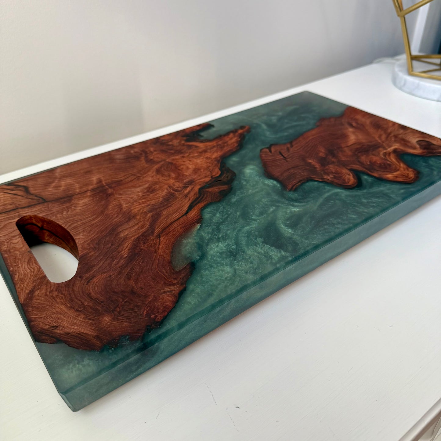”Emerald Lux Green ” Swirled Epoxy Deep Redwood w/ Natural Carved Handle