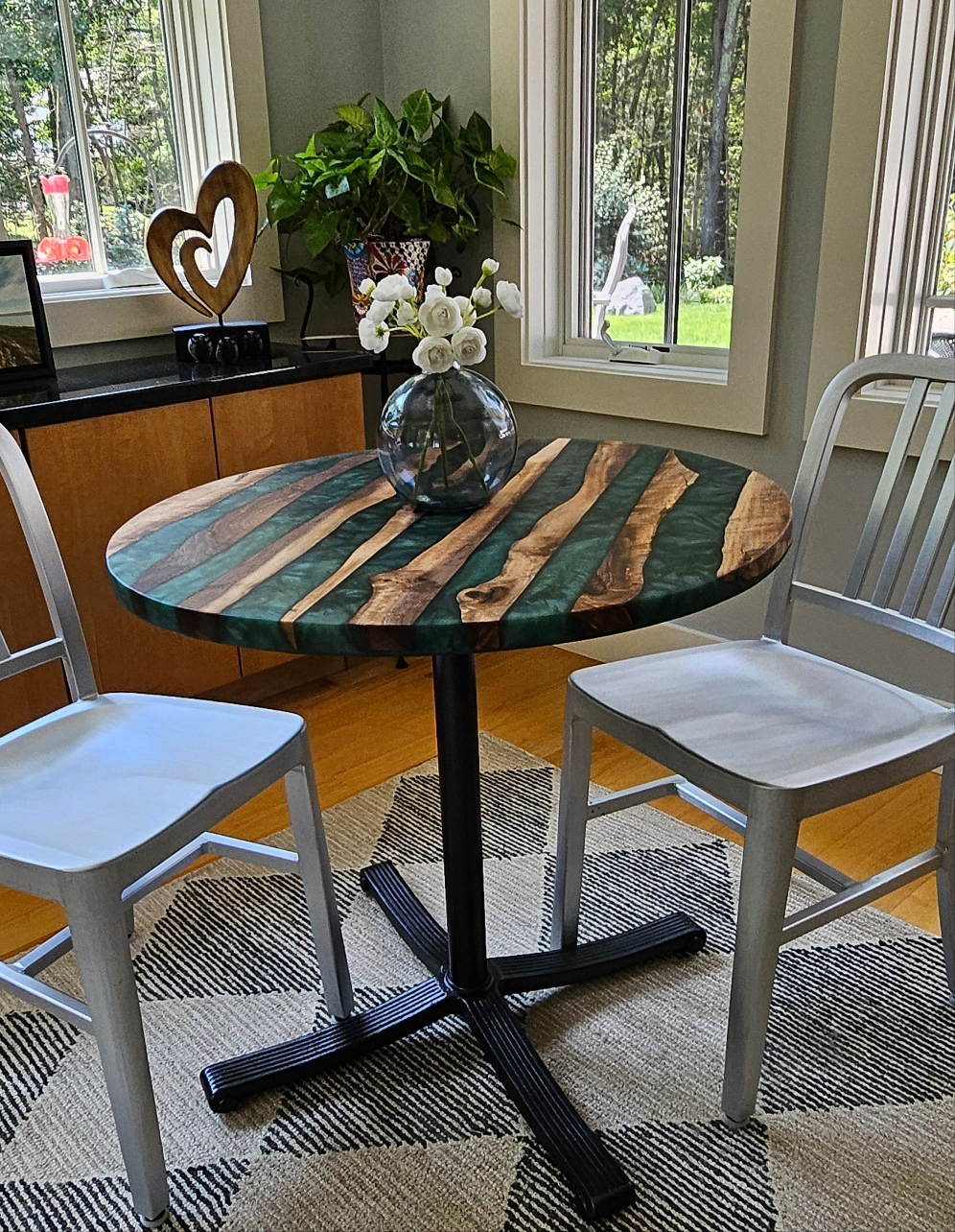SOLD SAMPLE - 30" Black Walnut Live Edge w/ Enchanted Green Swirl on a Vintage Cast Iron Pedestal Base - Let's Create Your Own!
