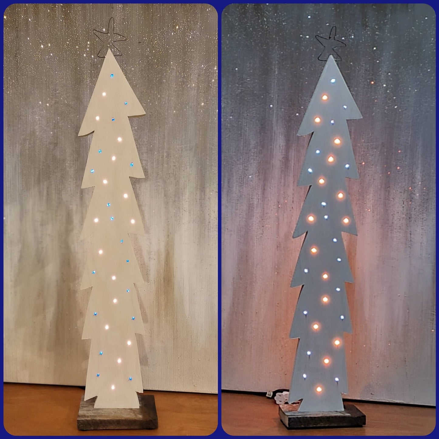 Hanukkah / Christmas White Washed Blue & White Lit Wood Tree with Reclaimed Barn Wood Base, Plug-In Inserted Lights