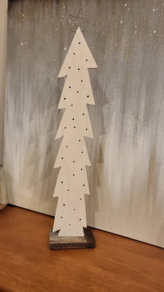 Hanukkah / Christmas White Washed Blue & White Lit Wood Tree with Reclaimed Barn Wood Base, Plug-In Inserted Lights
