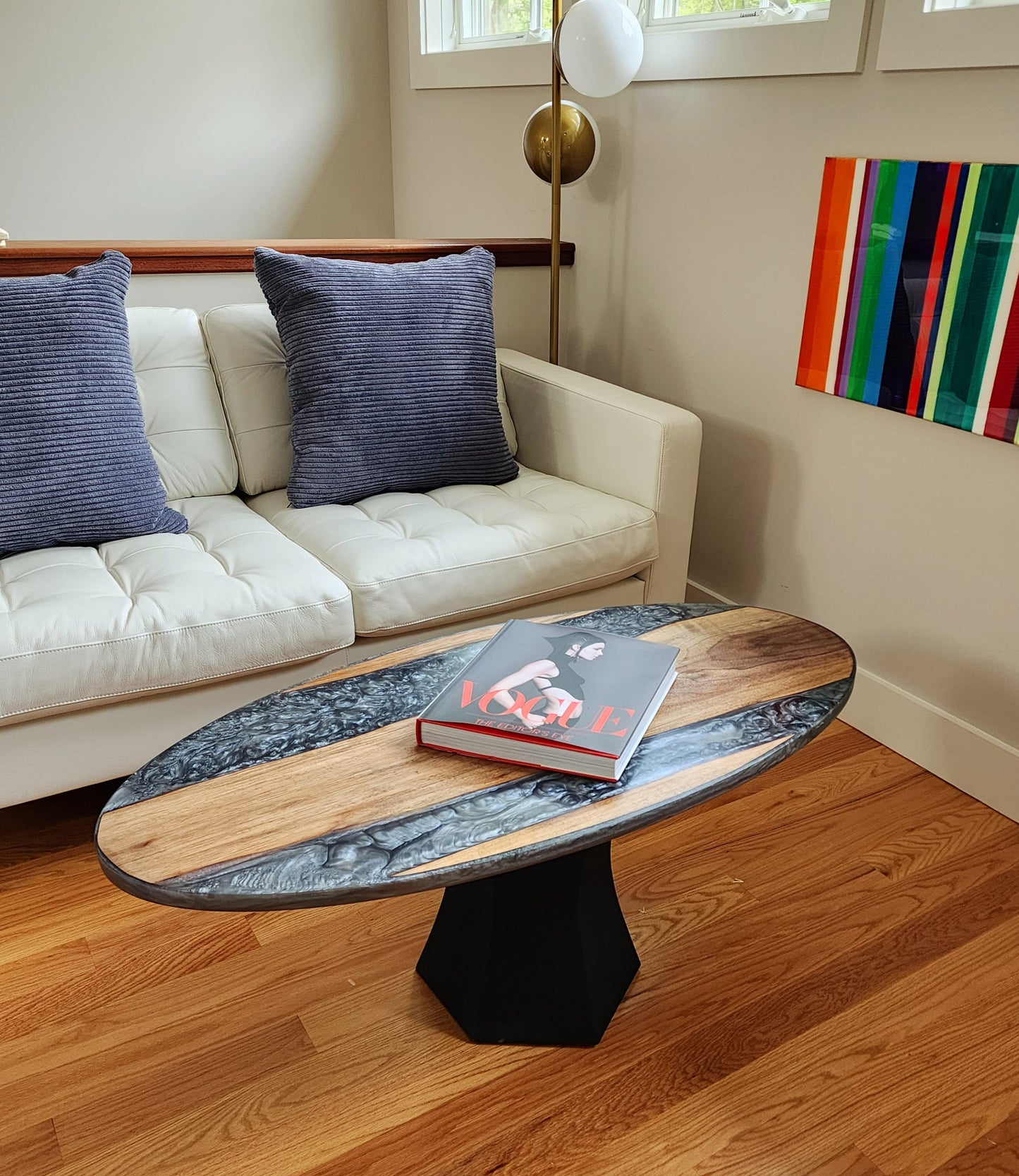 Sold Sample - Oval (Surfboard) Cherry Live Edge Coffee Table w/ Black Aluminum Epoxy